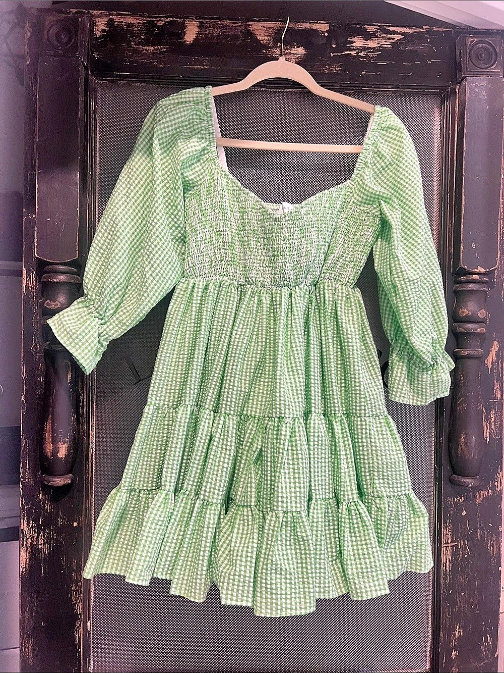 Mable Green Gingham Tiered Mini Dress Size Small